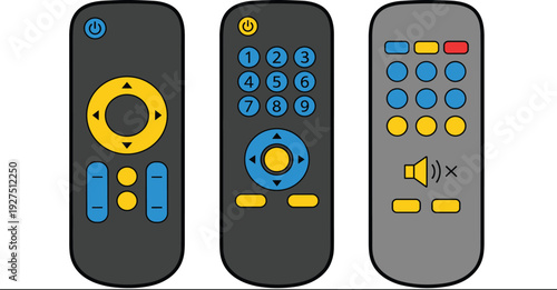 TV Remote Control Vector Illustration Set with Wireless Smart Television Controller Icons Featuring Power Buttons Volume and Channel Numbers