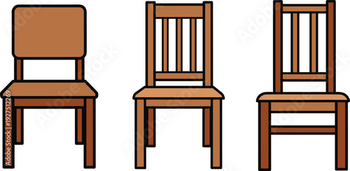 Wooden Chair Vector Illustration Set with Classic Dining Room Furniture and Brown Timber Seat Icons for Interior Home Decor Design