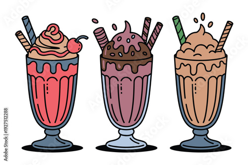 A colorful milkshake illustration with three glasses of different flavors