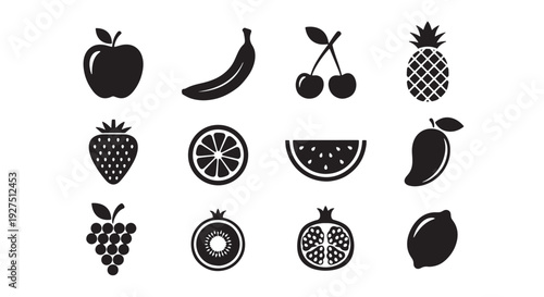 Black Flat Vector Fruits Grid Composition with 12 Silhouettes in 4x3 Layout, Logo-Ready Design