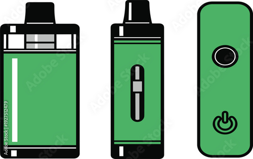 Electronic Cigarette Vector Illustration Set with Green Vape Mod Pod System and Power Button Icons for Smoking Alternative and Vaping Design