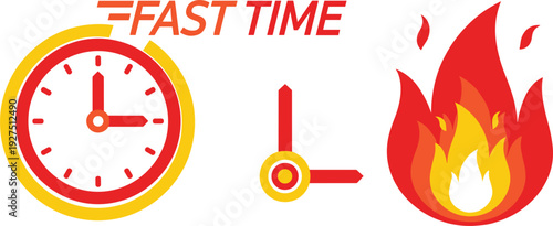 Fast Time Vector Illustration Set with Speeding Clock Fire Flame and Urgent Deadline Icons for Productivity and Quick Service Design