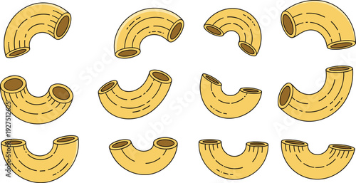 Macaroni Pasta Vector Illustration Set with Yellow Elbow Pasta Shapes and Italian Food Ingredient Icons for Cooking and Restaurant Design