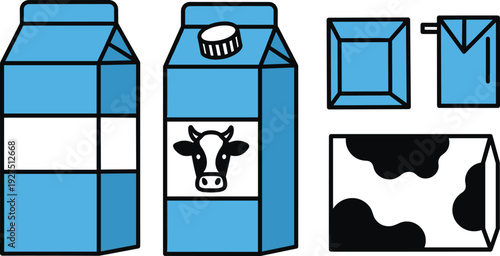 Blue Milk Carton Vector Illustration Set with Dairy Box Cow Label Glass Bottle and Milk Splash Icons for Fresh Farm Product Design