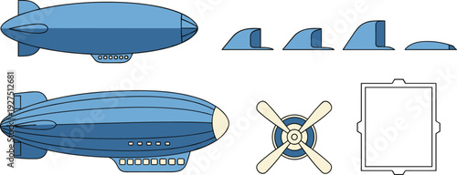 Blue Zeppelin Vector Illustration Set with Airship Blimp Propeller and Aviation Fin Icons for Retro Transportation and Steampunk Design