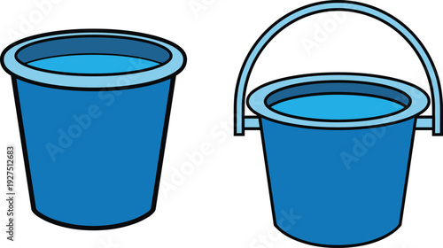 Blue Plastic Bucket Vector Illustration Set with Handle and Water Surface Icons for Household Cleaning and Sanitation Design