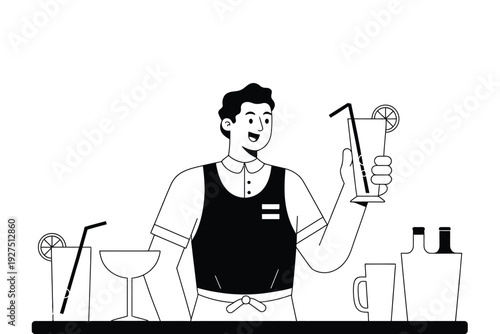 Bartender illustration serving an orange cocktail in a modern bar