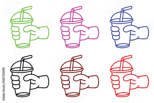A colorful hand holding a disposable cup with a straw illustration