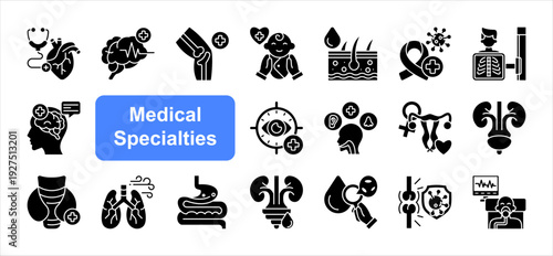 Medical Specialties icon set, with Pediatrics, Geriatrics, Endocrinology.