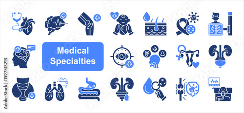 Medical Specialties icon set, with Dermatology, Ophthalmology, Otolaryngology,.