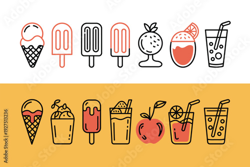 Ice cream icon set with various colorful summer treats and drinks