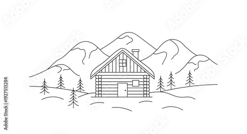Simple Line Drawing of Wooden Cabin.