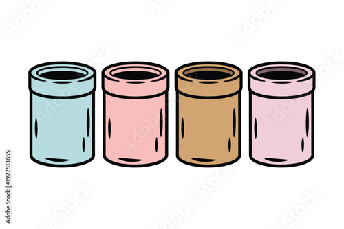 A colorful illustration of four cylindrical containers in different pastel colors