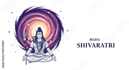 Illustration of Lord Shiva meditating in a vibrant, swirling purple and orange background with the text 'Maha Shivaratri' for Hindu festival celebrations.