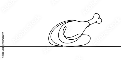 chicken turkey leg continuous one line drawing, Continuous single one line drawing art of broiler chicken turkey legs. Vector illustration, Continuous one line drawing a fried chicken. 