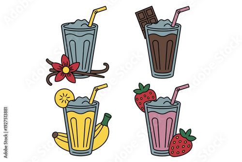 A colorful illustration of milkshakes with various flavors and toppings