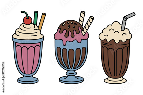A colorful illustration of milkshakes in different flavors and glasses