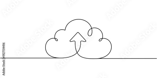 Continuous line drawing symbolizing cloud computing and data storage, Concepts for minimalist design of a cloud paired with an upload arrow, representing data transfer processes