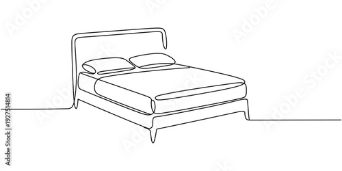 Double bed in continuous one line drawing. Scandinavian stylish furniture for cozy loft bedroom in simple linear style. Editable stroke. Doodle vector illustration