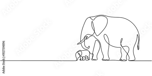 One continuous line drawing of people with elephant with their young vector illustration. Animal theme design in simple linear style vector concept. Animal design for educational presentation purpose.