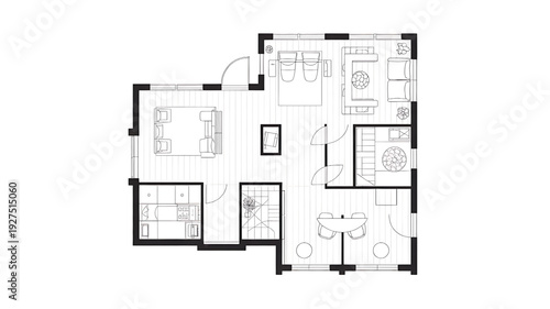 Modern home floor plan with open living space and sleek design