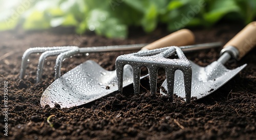 Gardening tools in soil close-up