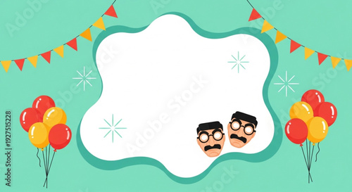 April Fools Day Festive event announcement with playful masks and balloons celebrating fun and entertainment