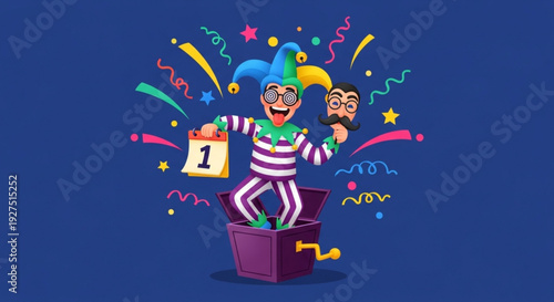 April Fools Day Jester leaping from a surprise box surrounded by festive confetti and a calendar indicating the first day of the month, symbolizing playful trickery and celebratory fun