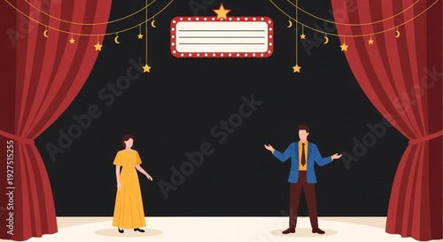 Dynamic vector illustration of a grand theatrical stage, adorned with elegant red curtains and festive string lights, featuring two performers engaging in a dramatic scene