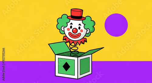 April Fools Day Playful cartoon clown with a red hat joyfully springing from a jack-in-the-box against a vibrant yellow and purple background, symbolizing surprise
