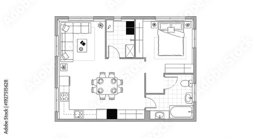 Modern studio apartment floor plan with kitchen, bathroom, bedroom