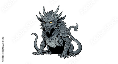 Menacing cartoon dragon illustration with sharp teeth and spiky fur.