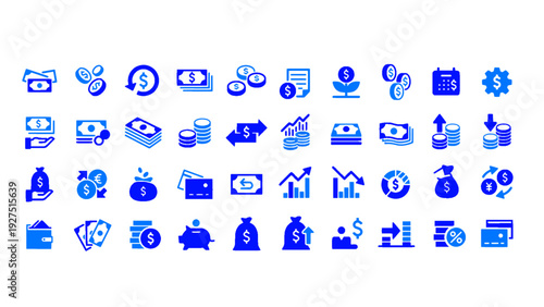 Comprehensive blue finance and banking icon set including money transfer, savings, investment, stock market, credit cards, payment systems, and financial services symbols.