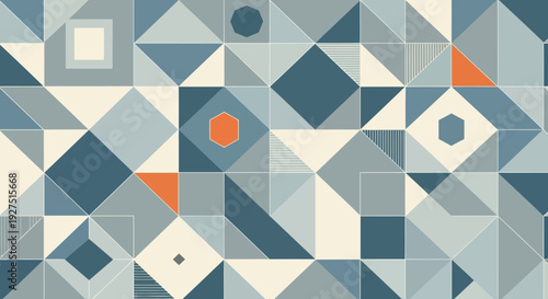 Geometric shapes pattern with blue and orange accents.