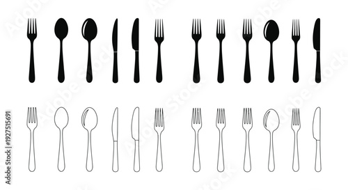 Collection of modern black silhouette and outline vector graphic icons representing various eating utensils