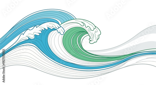 Stylized ocean wave illustration with blue and green hues.