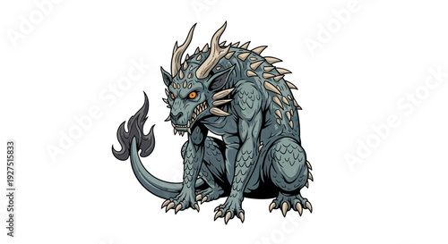 Fantasy dragon creature with horns and spiky back sitting.