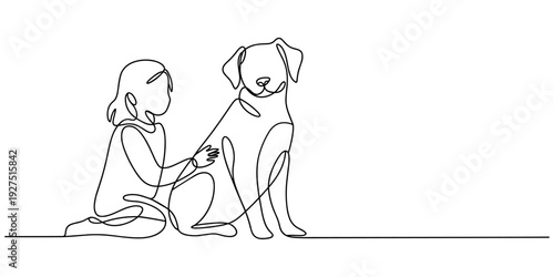 Girl with a dog in continuous line art drawing style. Pet lover black linear sketch isolated on white background. Vector illustration