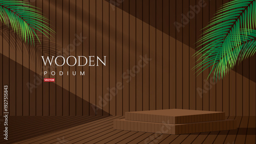 Wooden podium backdrop with tropical leaves and sunlight is pictured.