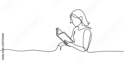 one continuous line drawing of a girl reading a book and sitting on the floor. one line drawing of a child studying at home. suitable for educational and knowledge drawing elements