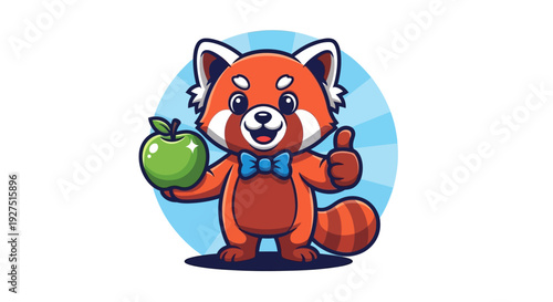 Cartoon red panda mascot holding an apple and giving a thumbs up.