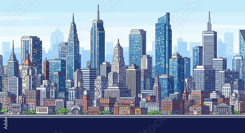 Cityscape with modern and traditional buildings.