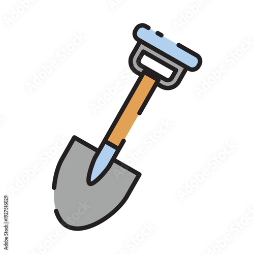 A cartoon shovel with a blue handle and a grey scoop