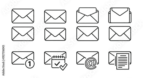 Collection of versatile black-outline vector icons representing various forms of digital and physical electronic mail communication