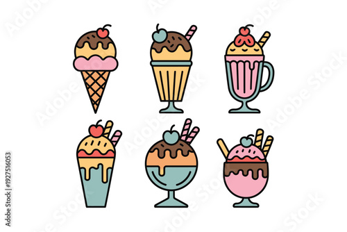 Ice cream vector icons set with different flavors and toppings
