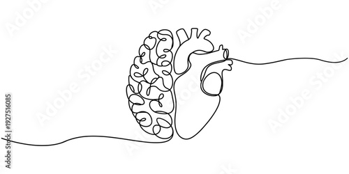 One continuous line drawing of half human brain and love heart shape logo icon. Psychological split affection logotype symbol template concept. Human brain and heart continuous one line art drawing.