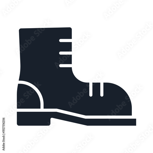A dark silhouette icon of a sturdy work boot against a white background