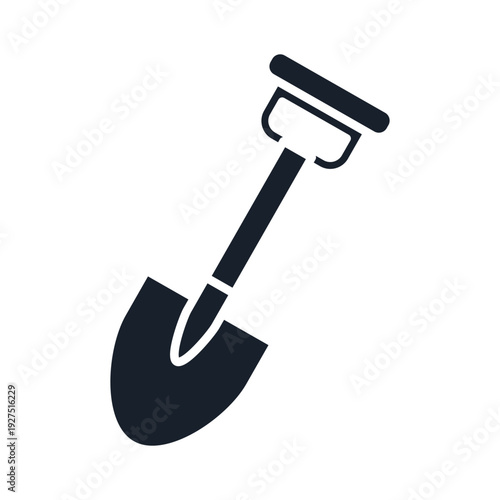 A dark silhouette of a shovel on a white background
