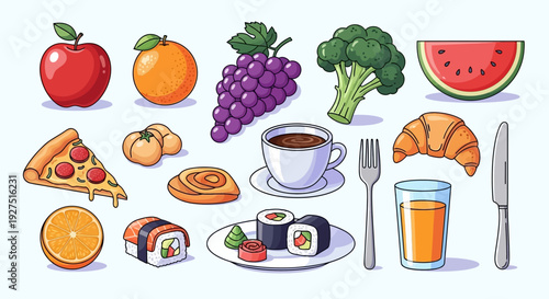 Assorted food items including fruits, pastries, and beverages on a white background.