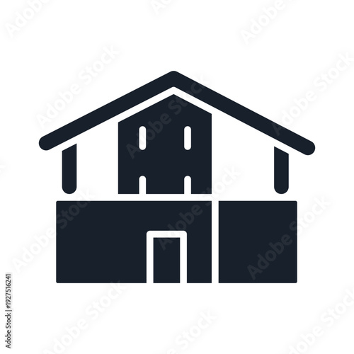 A dark silhouette of a twostory house with a pitched roof